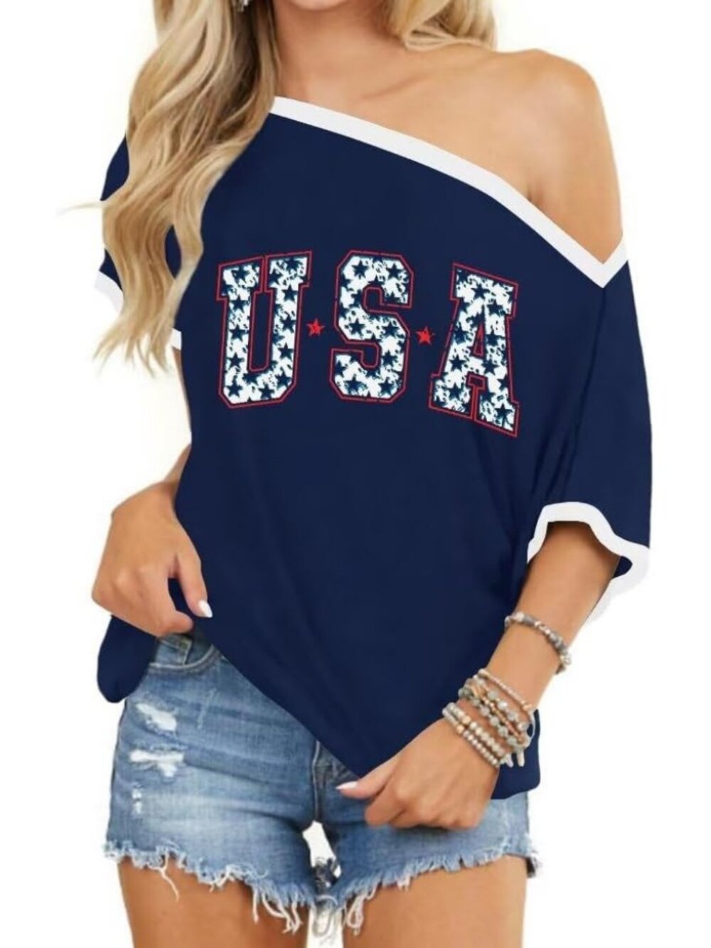 Women's Navy Blue Usa Off Shoulder Short Sleeve Summer Casual Batwing Tunic Tops